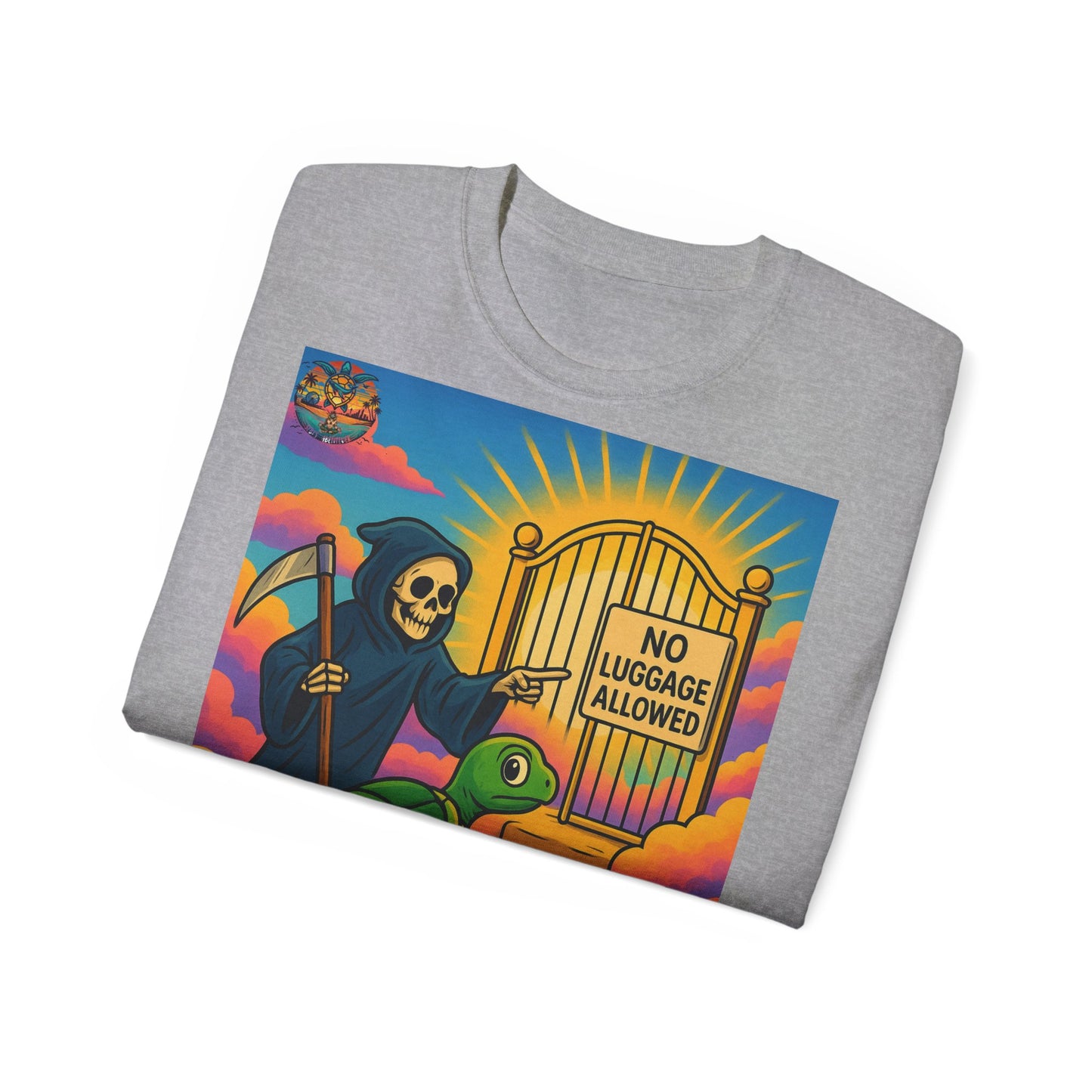 „Let Go“ – Spirituelles Statement-Shirt mit Schildkröte und Sensemann