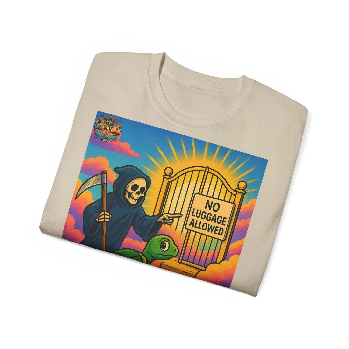 „Let Go“ – Spirituelles Statement-Shirt mit Schildkröte und Sensemann