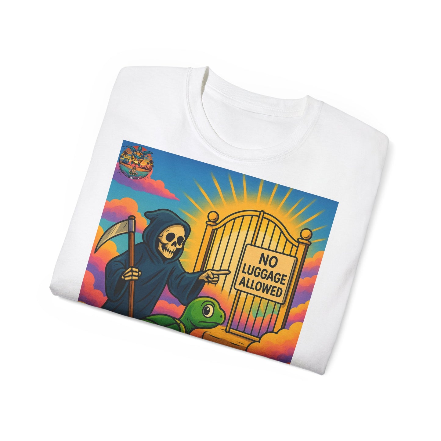 „Let Go“ – Spirituelles Statement-Shirt mit Schildkröte und Sensemann