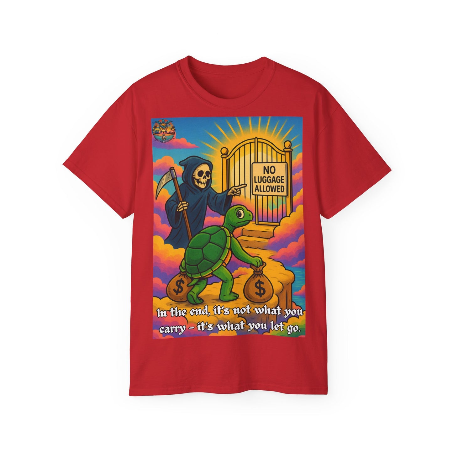 „Let Go“ – Spirituelles Statement-Shirt mit Schildkröte und Sensemann