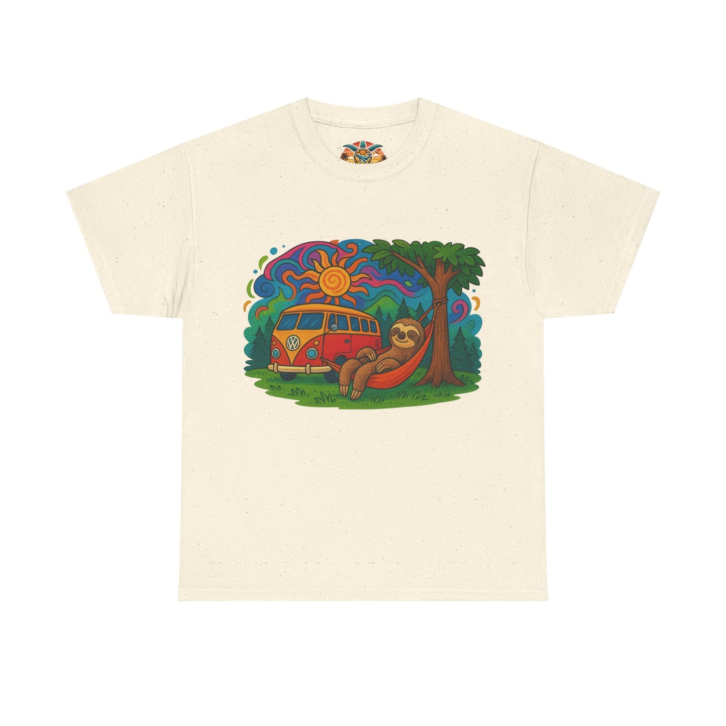 🌞 Hippie Camper Vibes T-Shirt – VW Bus & Faultier in der Hängematte