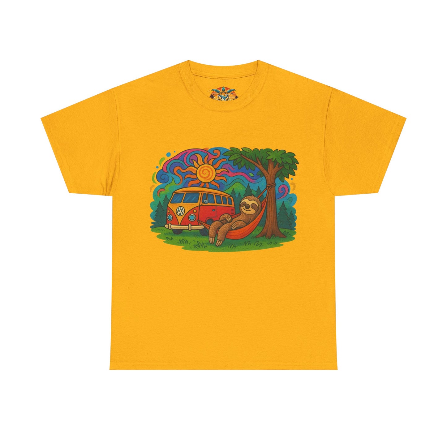 🌞 Hippie Camper Vibes T-Shirt – VW Bus & Faultier in der Hängematte