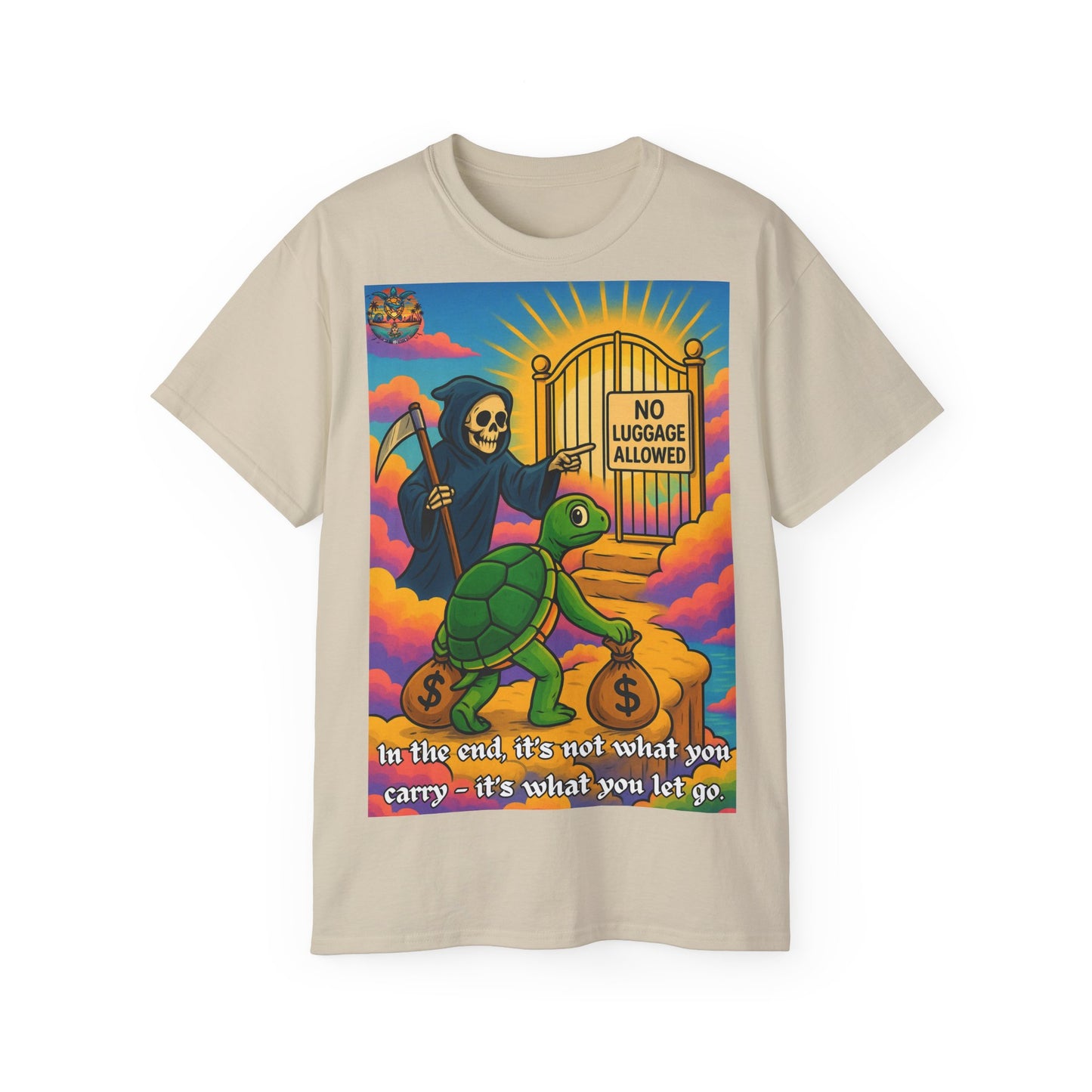 „Let Go“ – Spirituelles Statement-Shirt mit Schildkröte und Sensemann