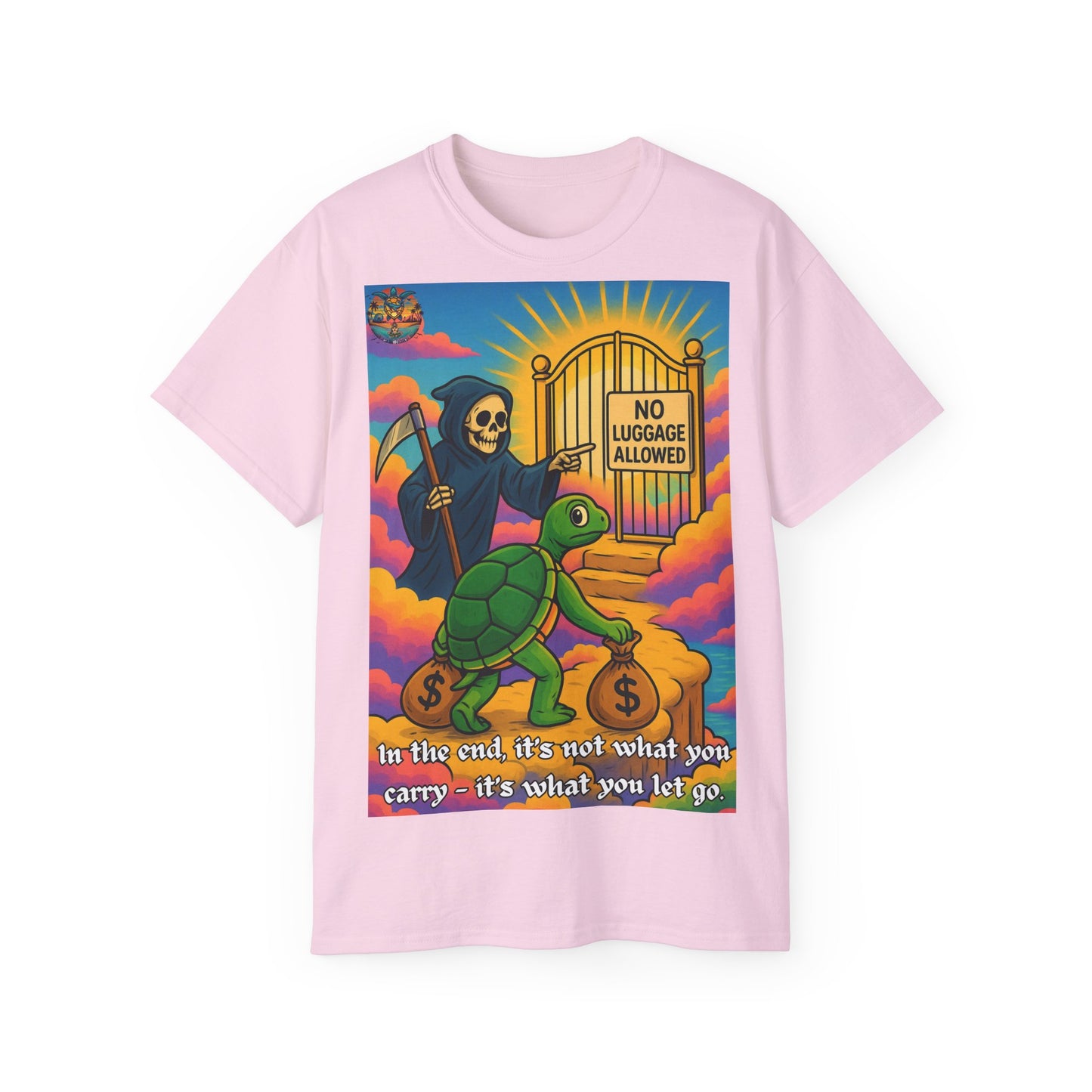 „Let Go“ – Spirituelles Statement-Shirt mit Schildkröte und Sensemann