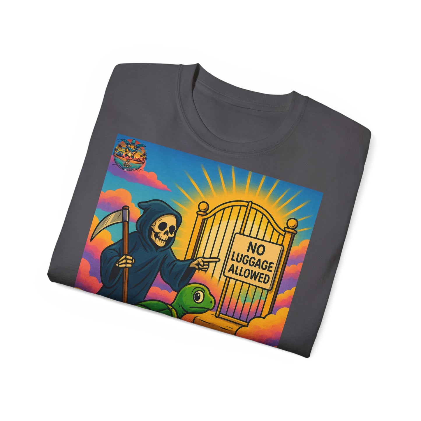 „Let Go“ – Spirituelles Statement-Shirt mit Schildkröte und Sensemann