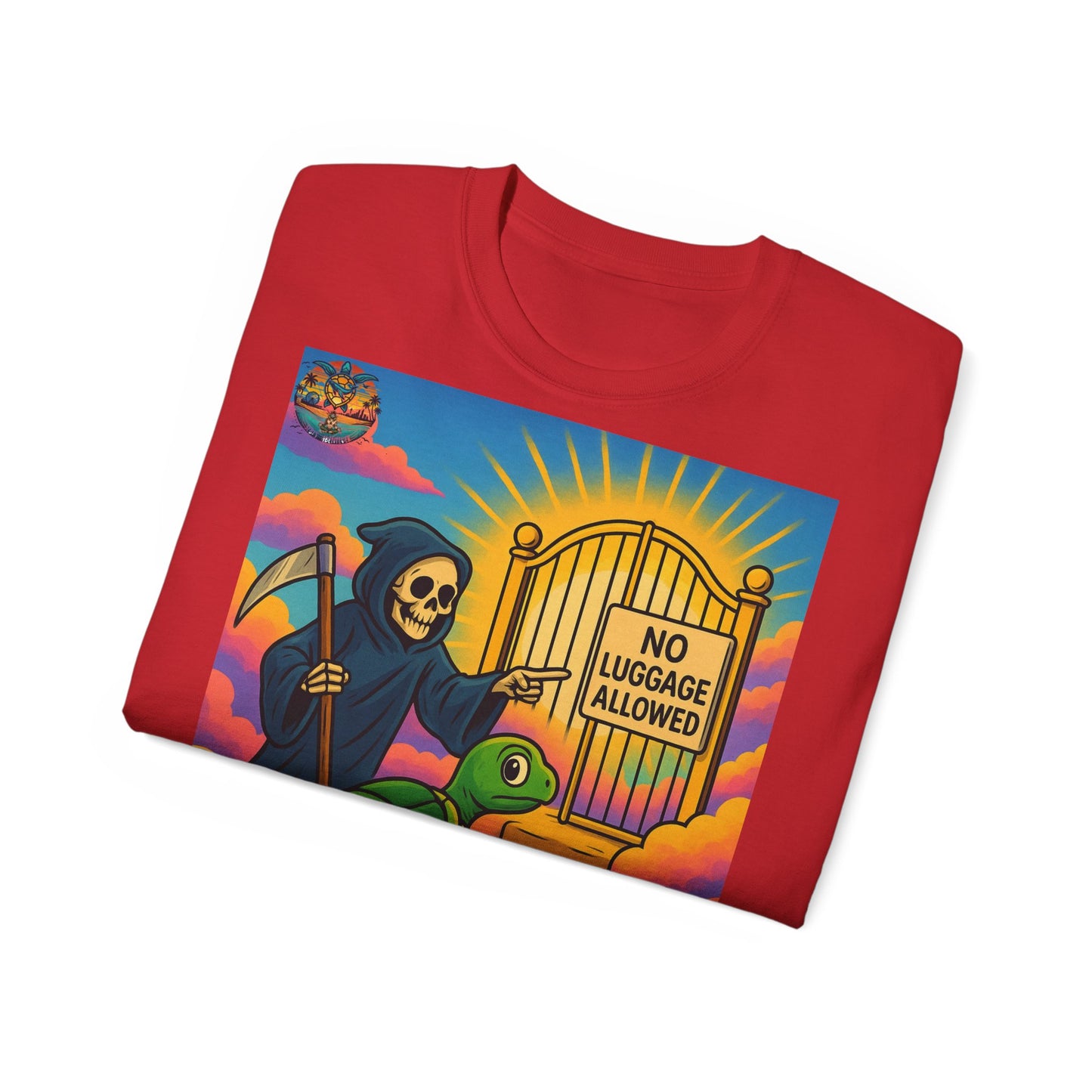„Let Go“ – Spirituelles Statement-Shirt mit Schildkröte und Sensemann