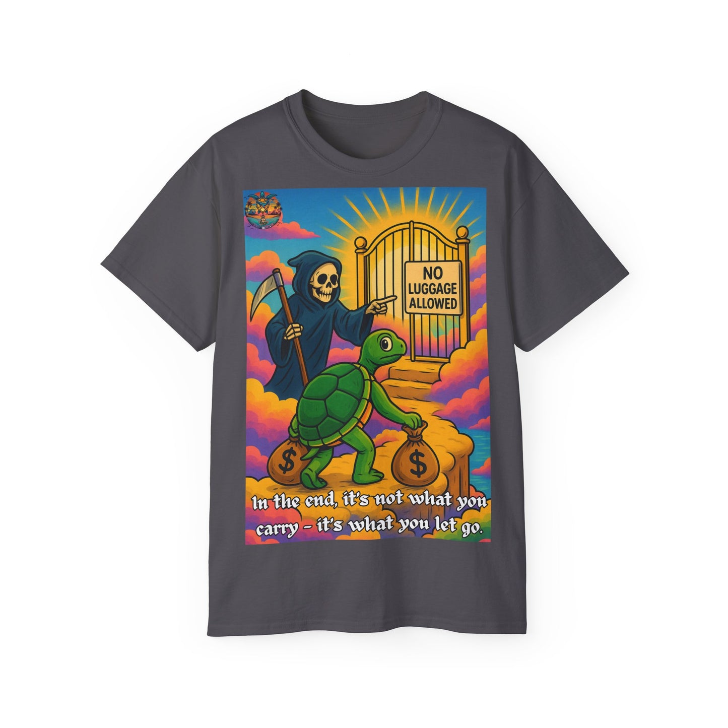 „Let Go“ – Spirituelles Statement-Shirt mit Schildkröte und Sensemann
