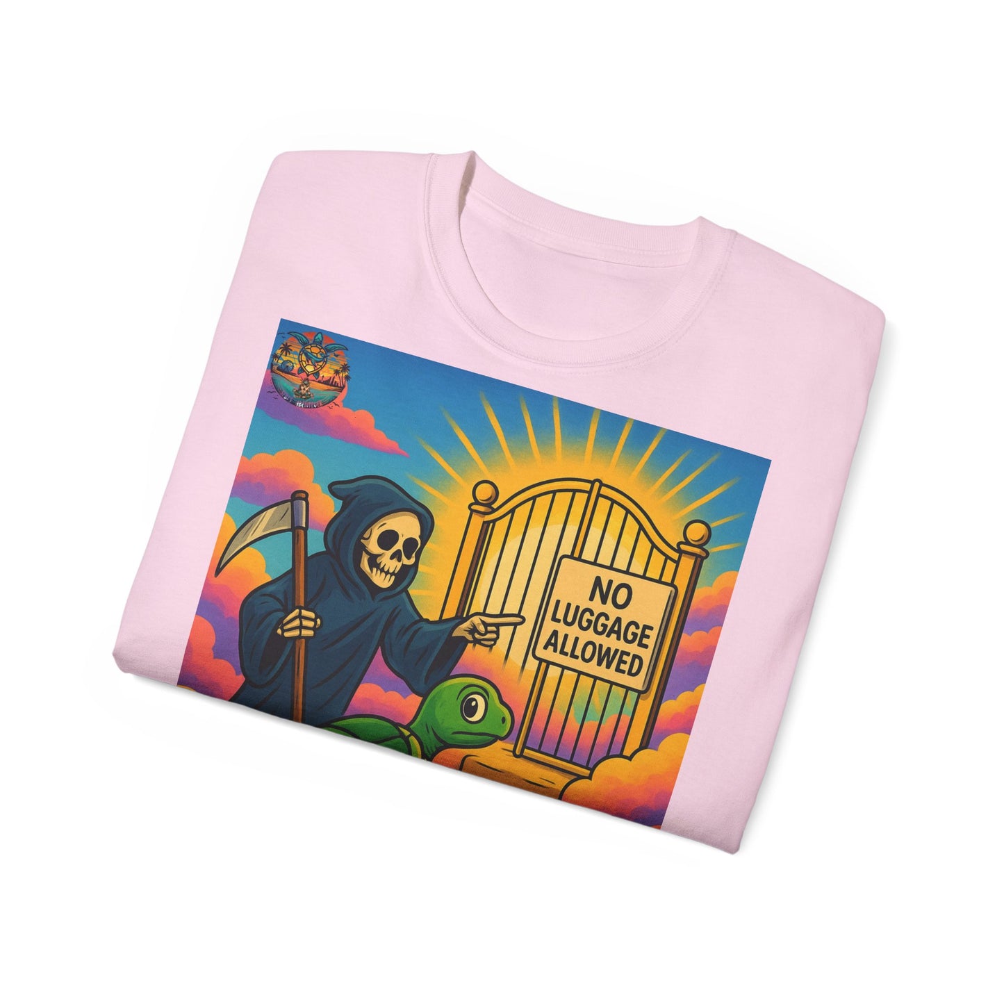 „Let Go“ – Spirituelles Statement-Shirt mit Schildkröte und Sensemann