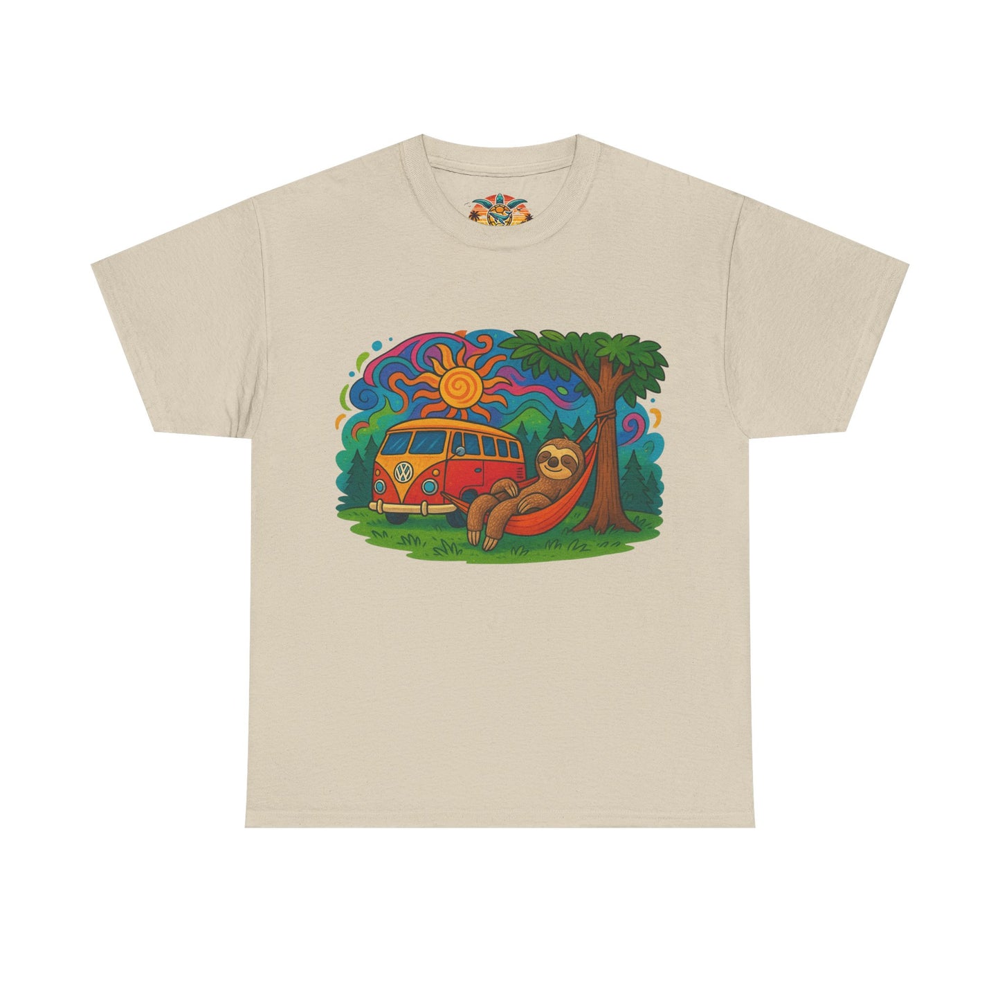🌞 Hippie Camper Vibes T-Shirt – VW Bus & Faultier in der Hängematte