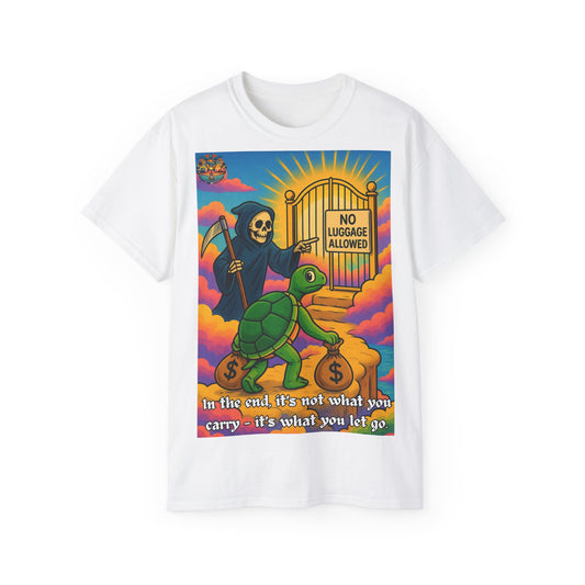 „Let Go“ – Spirituelles Statement-Shirt mit Schildkröte und Sensemann