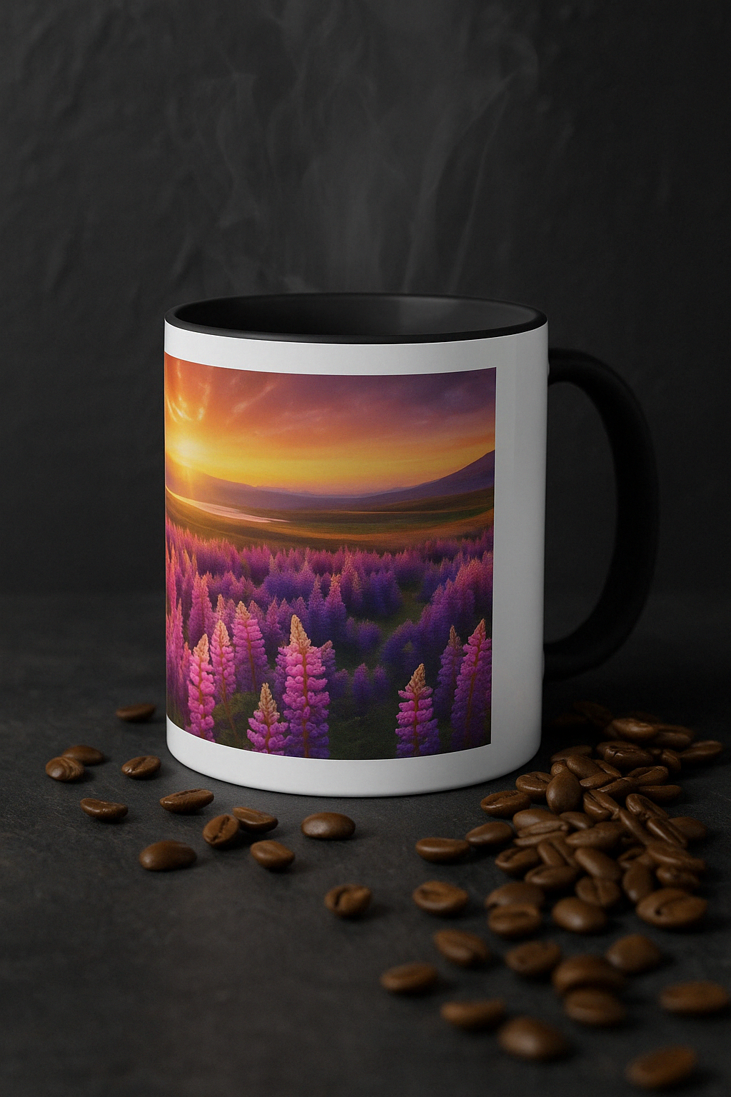 Sonnenaufgang über Blumenfeld – Kaffeetasse für magische Momente