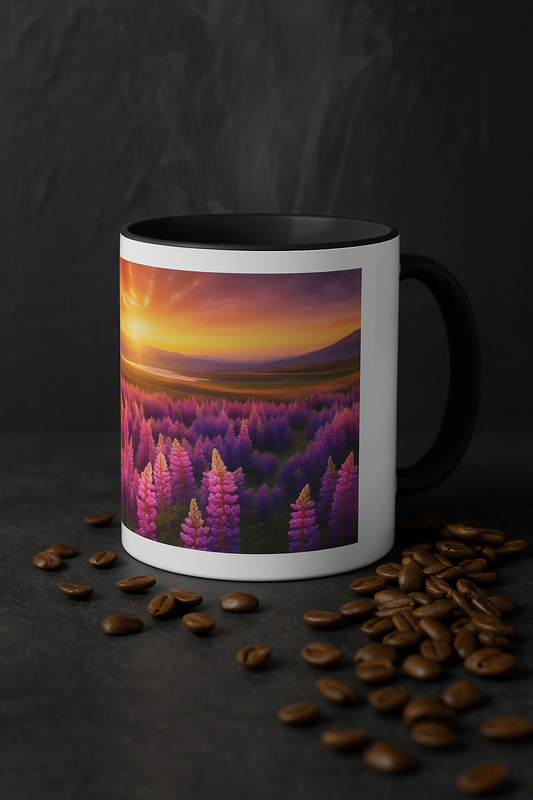 Sonnenaufgang über Blumenfeld – Kaffeetasse für magische Momente